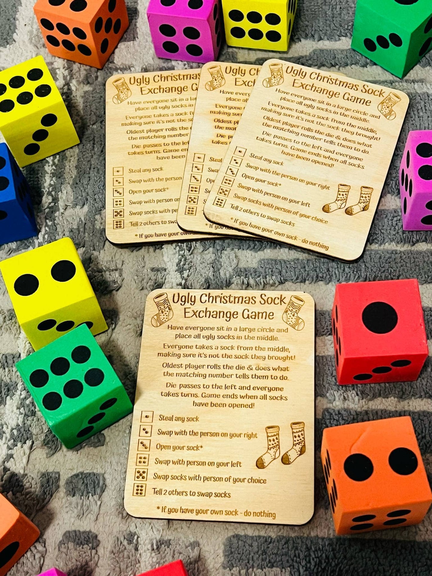 Ugly Christmas Socks Wooden Game Card w/ Dice