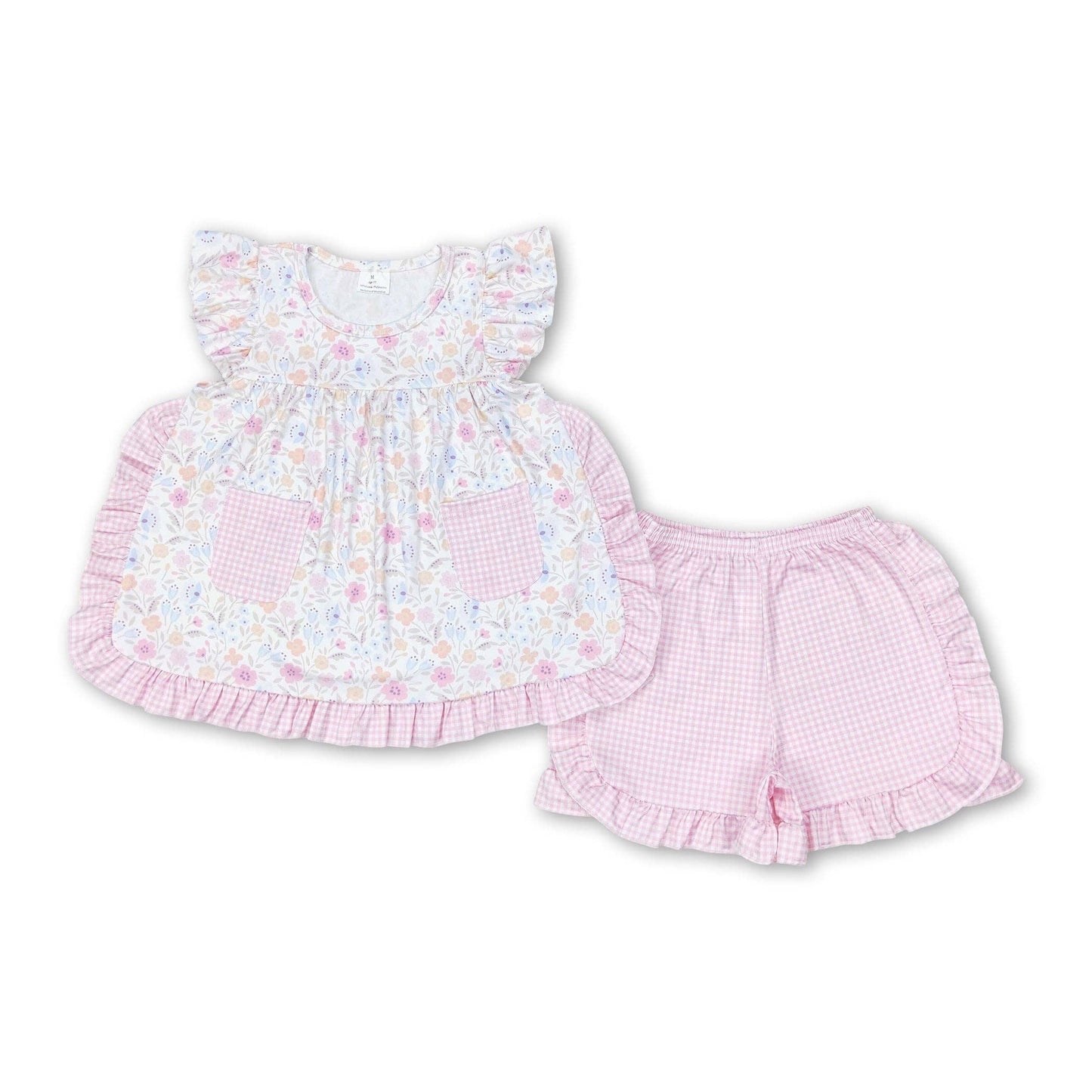 Floral Ruffle Gingham Pocket Short Set