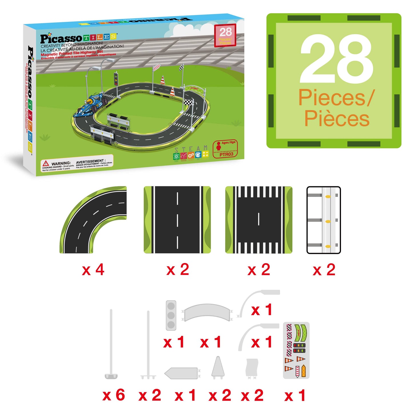 PicassoTiles - PicassoTiles 28pc Printed Street Sign Traffic Kit