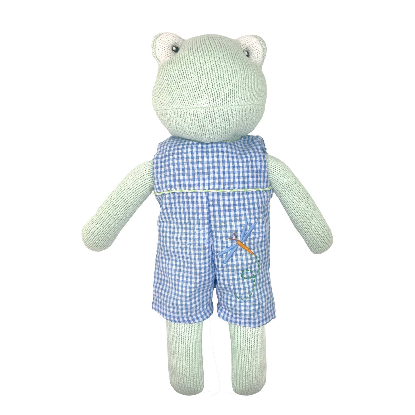 Petit Ami & Zubels - Knit Frog Doll with Blue Check Dragonfly Romper