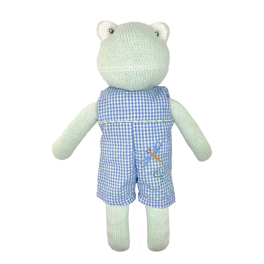 Petit Ami & Zubels - Knit Frog Doll with Blue Check Dragonfly Romper