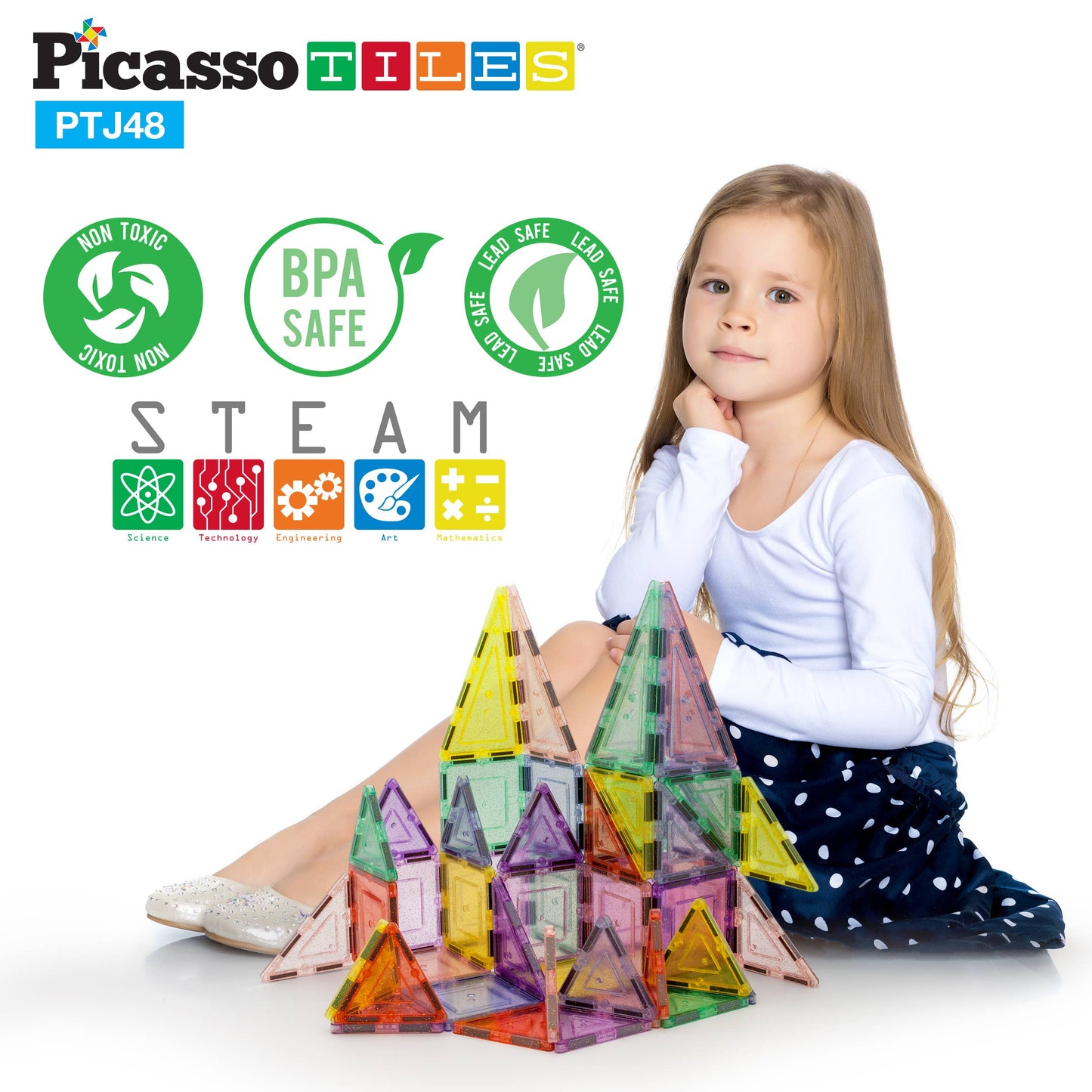PicassoTiles - PicassoTiles 48pc Glitter Magnetic Tile Building Set