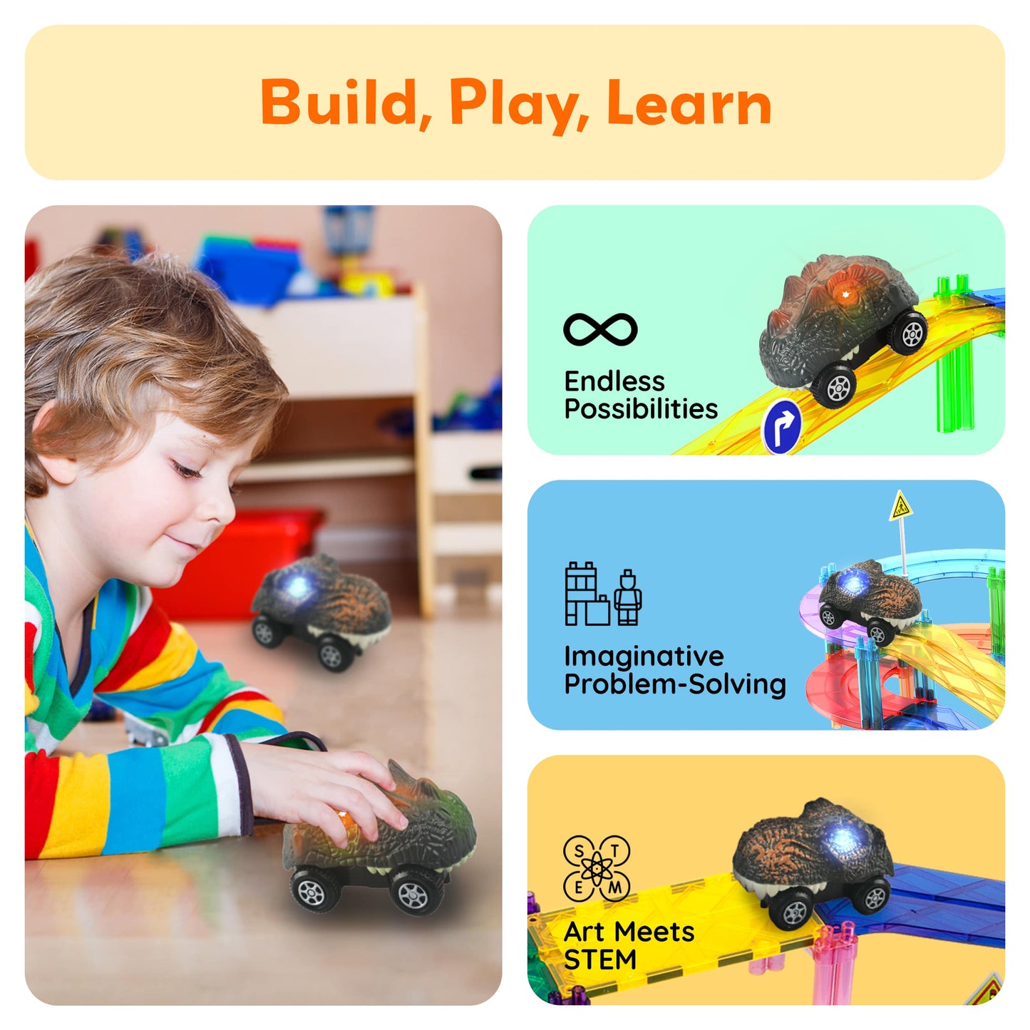 PicassoTiles - PicassoTiles Dinosaur Cars for Kids Race Track