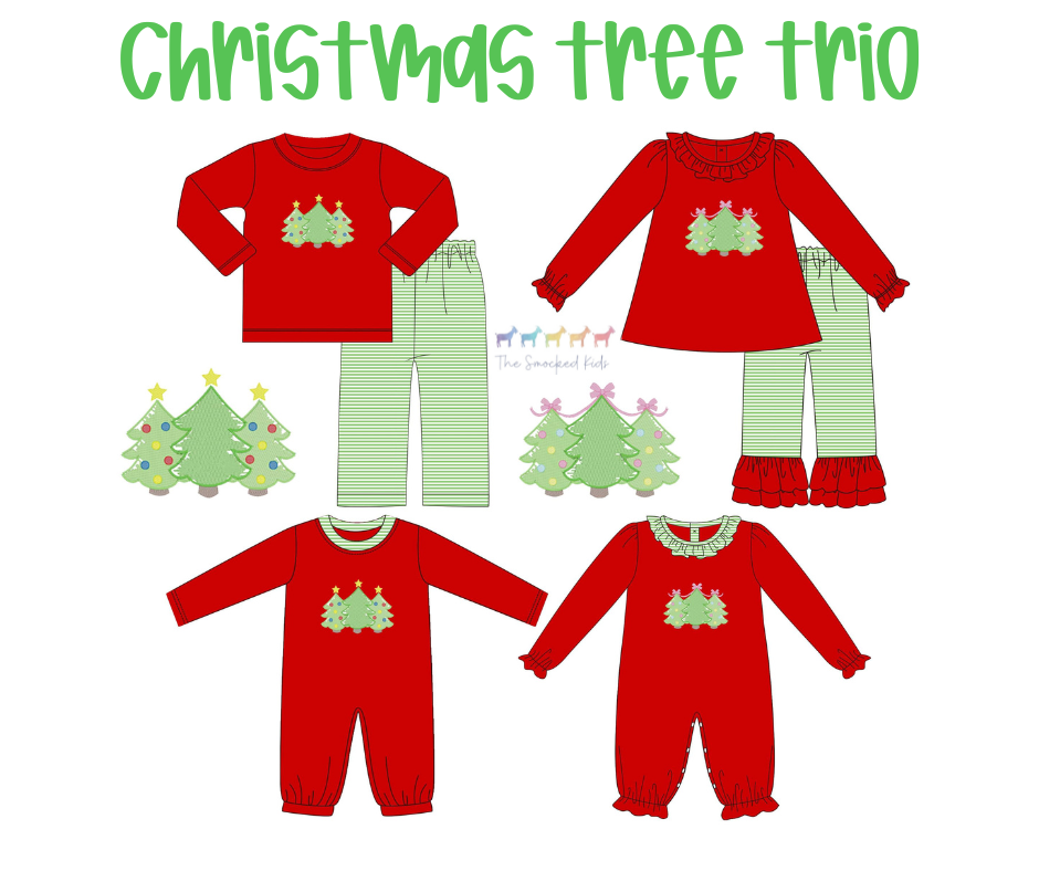 Red Christmas Tree Trio Collection w lime green stripe