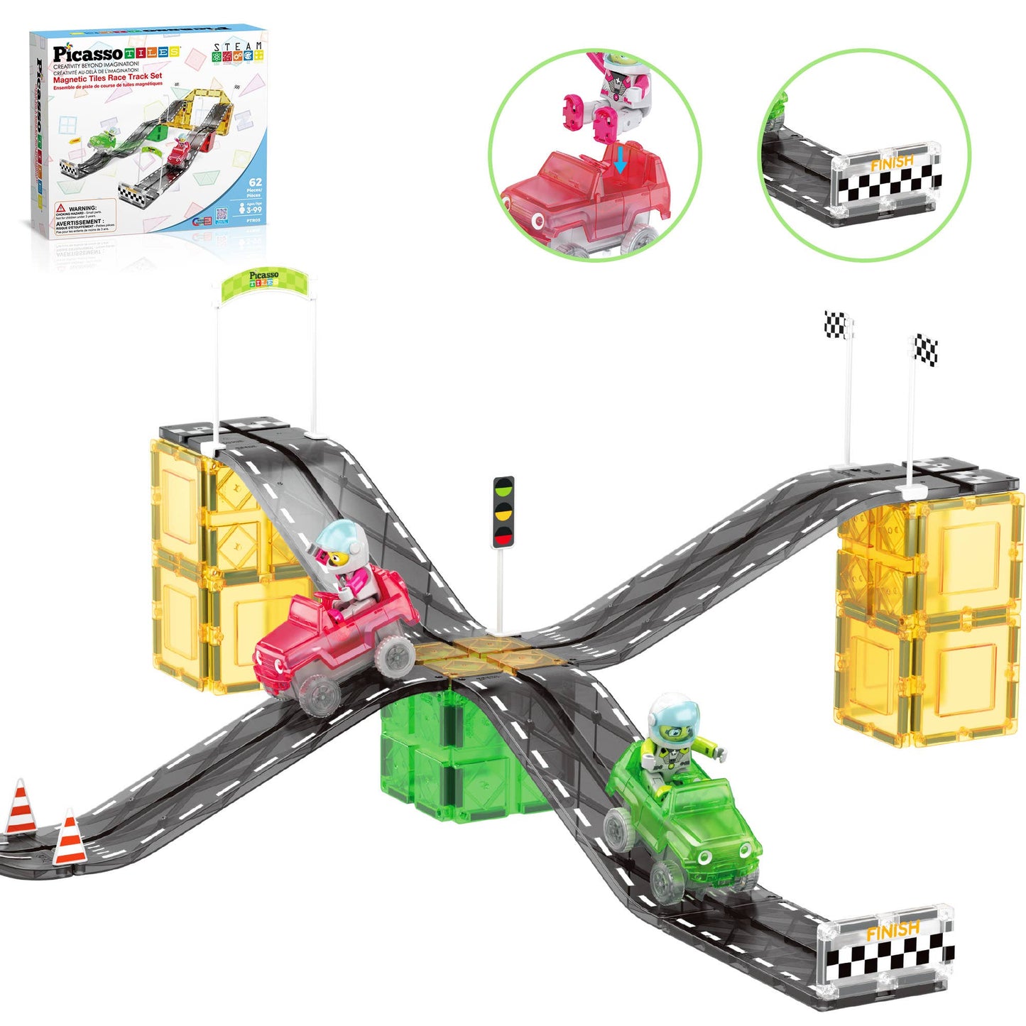 PicassoTiles - PicassoTiles Race Car Track Slider Racing Building Set