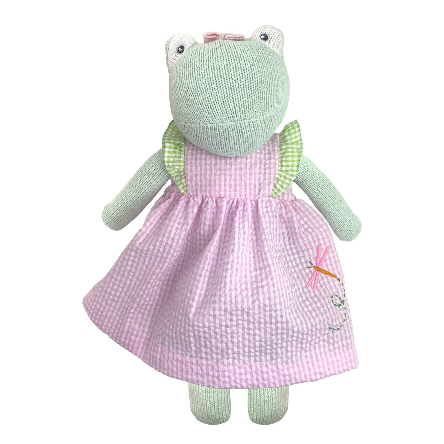 Petit Ami & Zubels - Knit Frog Doll with Pink Check Dragonfly Dress