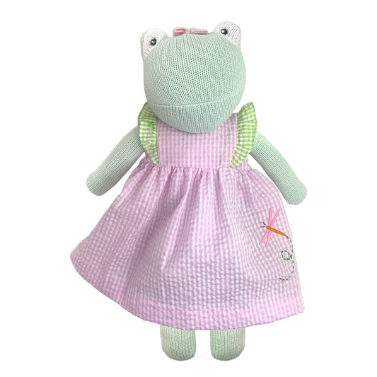 Petit Ami & Zubels - Knit Frog Doll with Pink Check Dragonfly Dress