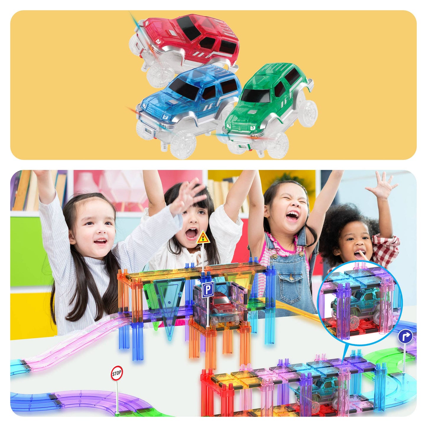 PicassoTiles - PicassoTiles 3 Pack Cars for Magnet Race Track Building Sets