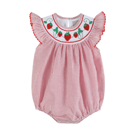 Seersucker Strawberry Smocked Bubble