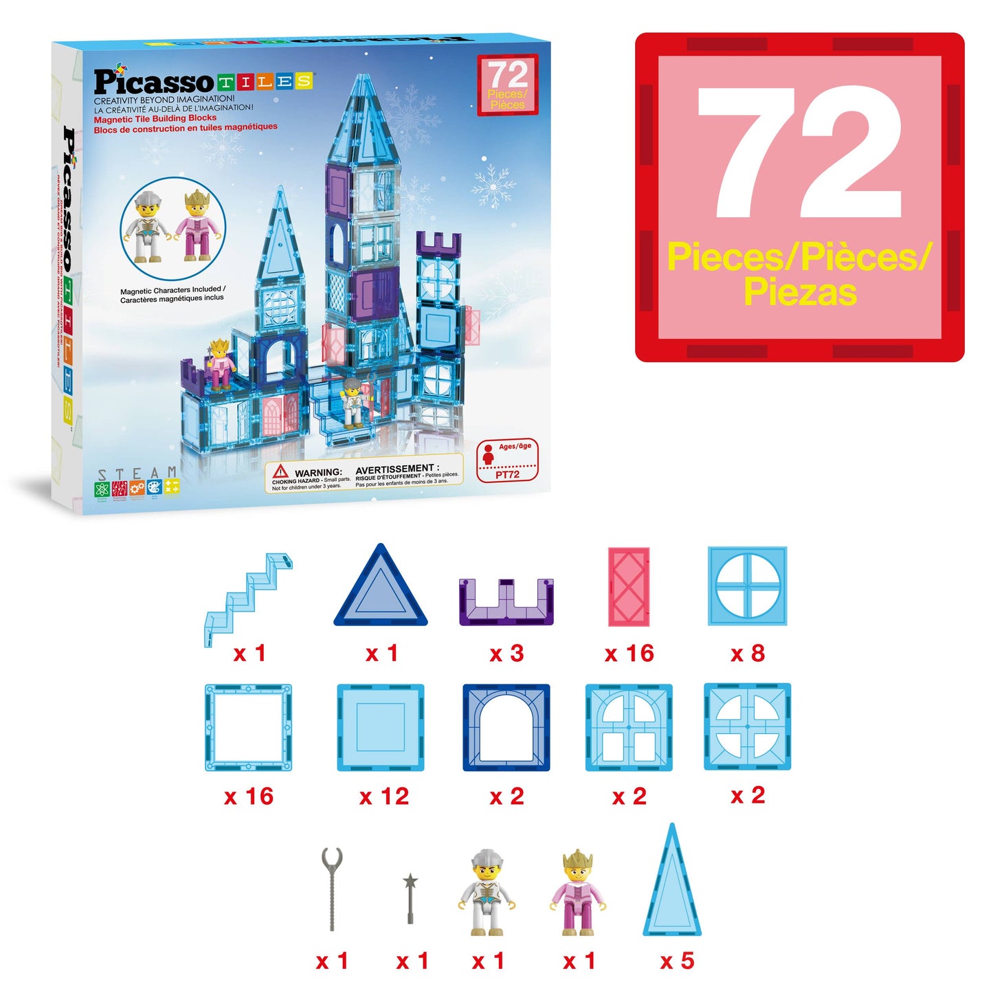 PicassoTiles - PicassoTiles 72pc Ice Castle Magnetic Tile Building Set