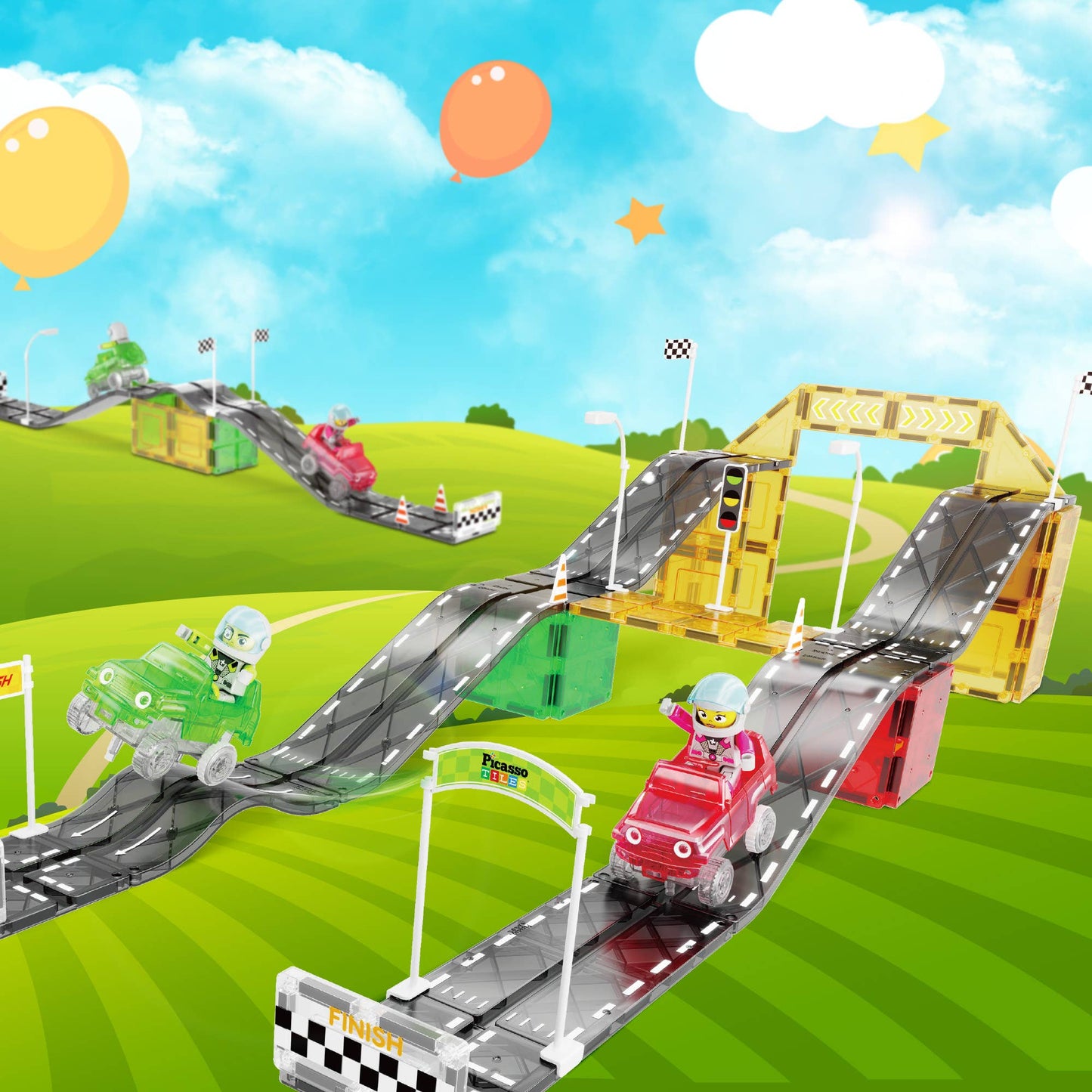 PicassoTiles - PicassoTiles Race Car Track Slider Racing Building Set