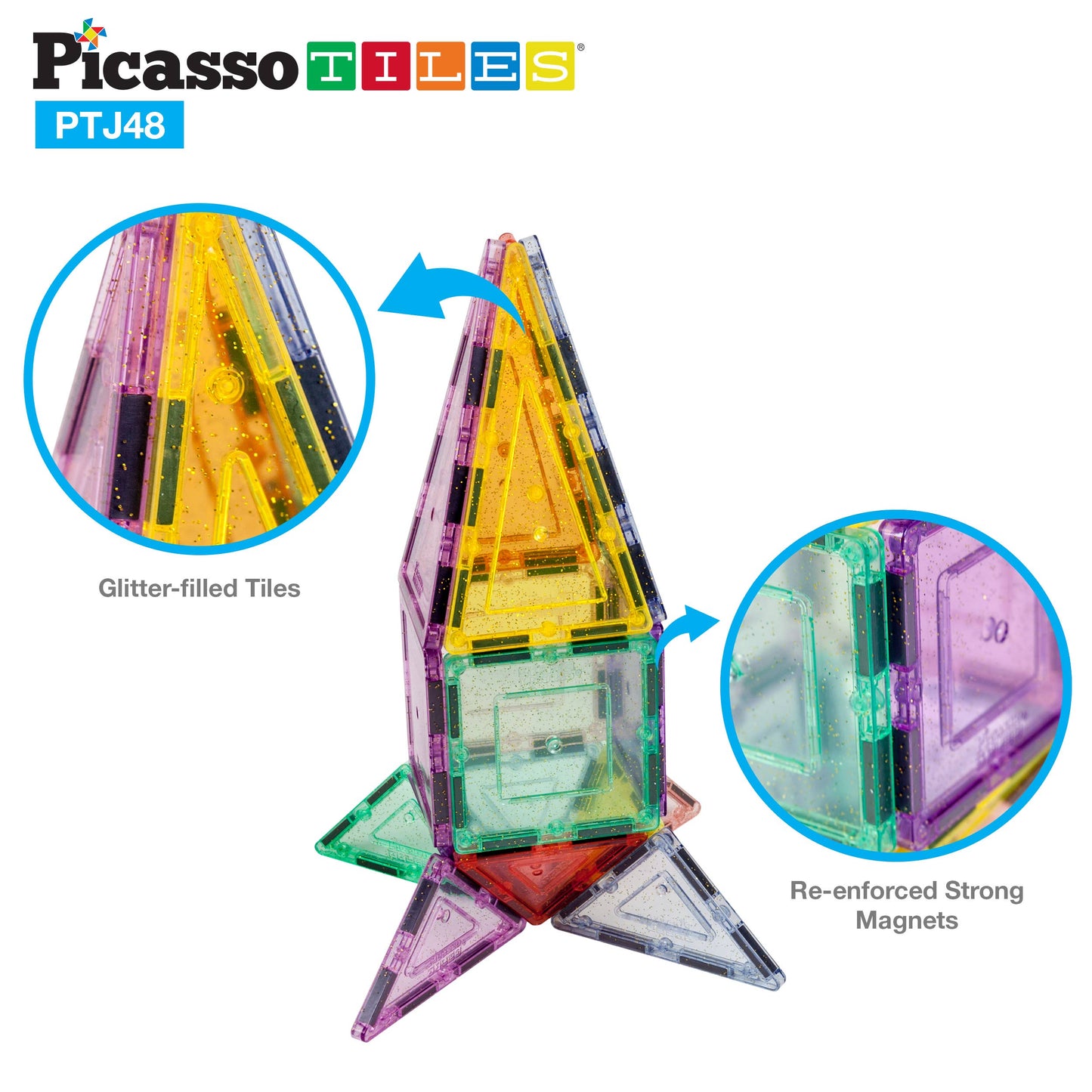PicassoTiles - PicassoTiles 48pc Glitter Magnetic Tile Building Set