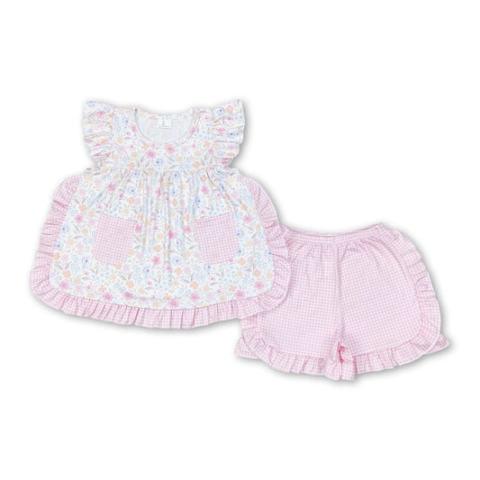 Floral Ruffle Gingham Pocket Short Set
